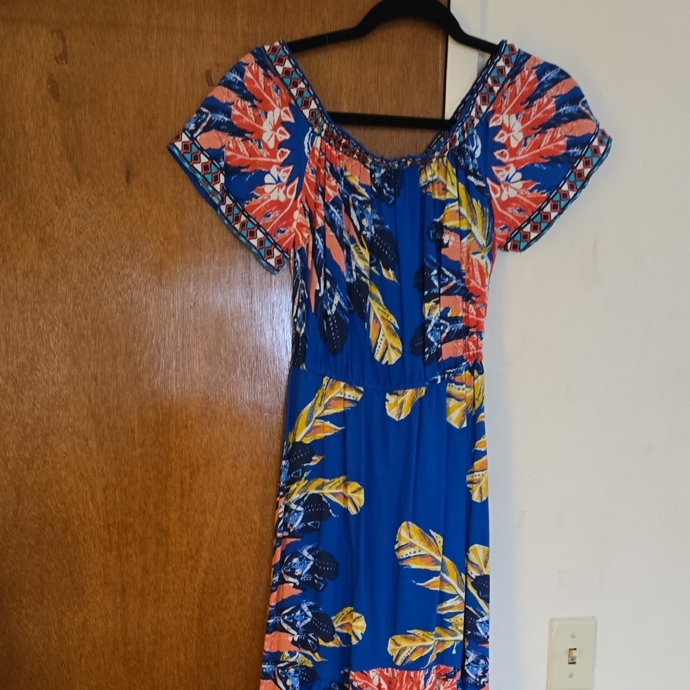 Flying Tomato Blue Tropical Maxi Dress with Coral and Yellow Accents